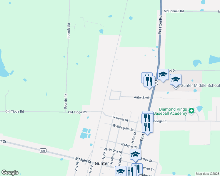 map of restaurants, bars, coffee shops, grocery stores, and more near 943 Robineta Lane in Gunter