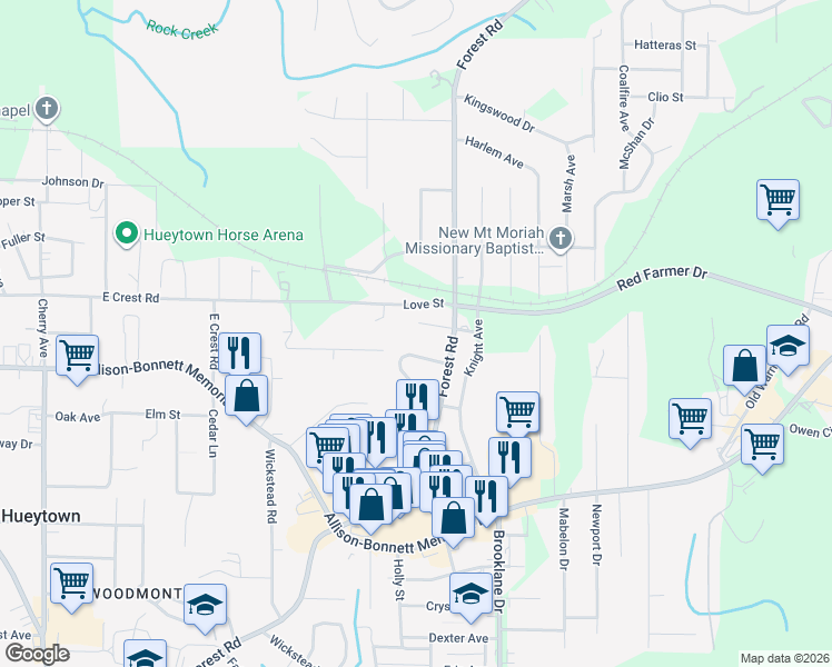 map of restaurants, bars, coffee shops, grocery stores, and more near 125 Mcnear Street in Bessemer