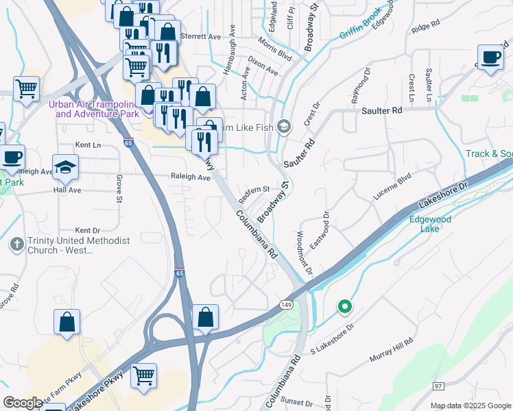map of restaurants, bars, coffee shops, grocery stores, and more near 1040 Broadway Street in Homewood
