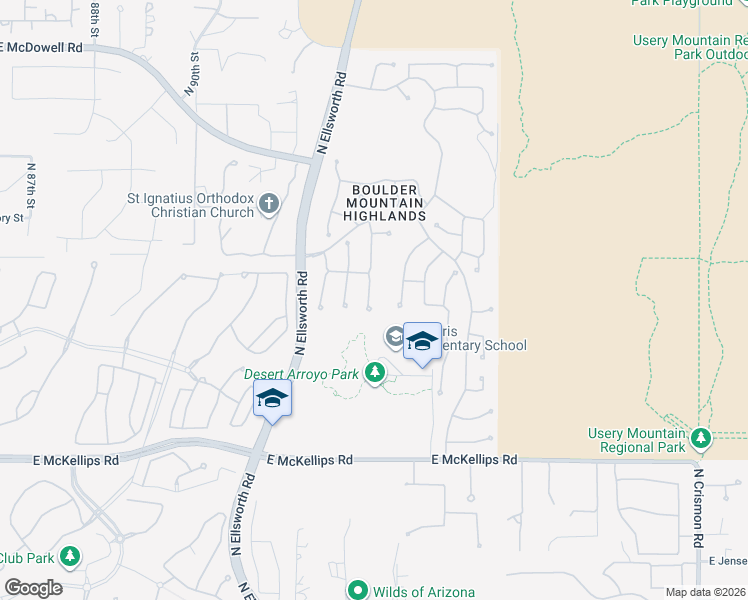 map of restaurants, bars, coffee shops, grocery stores, and more near 2322 North Malachite Circle in Mesa