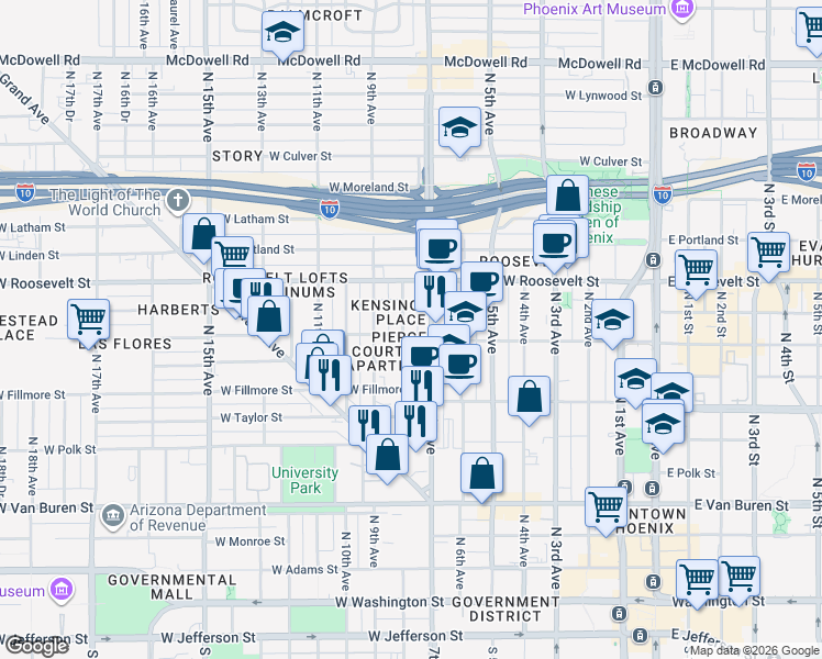 map of restaurants, bars, coffee shops, grocery stores, and more near 814 North 7th Avenue in Phoenix