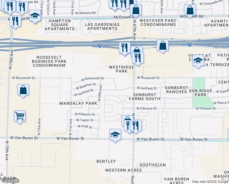 map of restaurants, bars, coffee shops, grocery stores, and more near 6802 West Garfield Street in Phoenix
