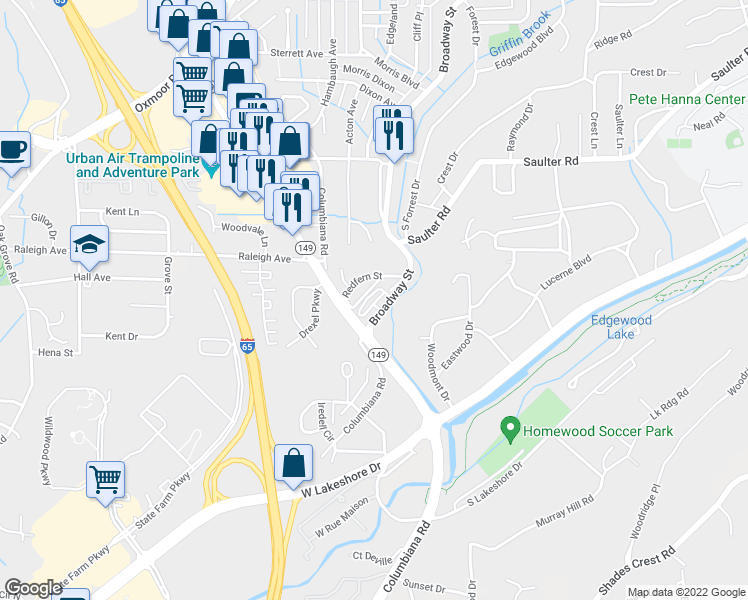 map of restaurants, bars, coffee shops, grocery stores, and more near 313 Redfern Street in Birmingham