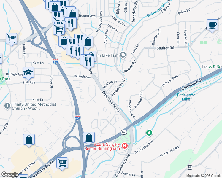 map of restaurants, bars, coffee shops, grocery stores, and more near 313 Redfern Street in Birmingham