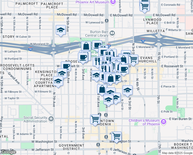 map of restaurants, bars, coffee shops, grocery stores, and more near 822 North 1st Avenue in Phoenix