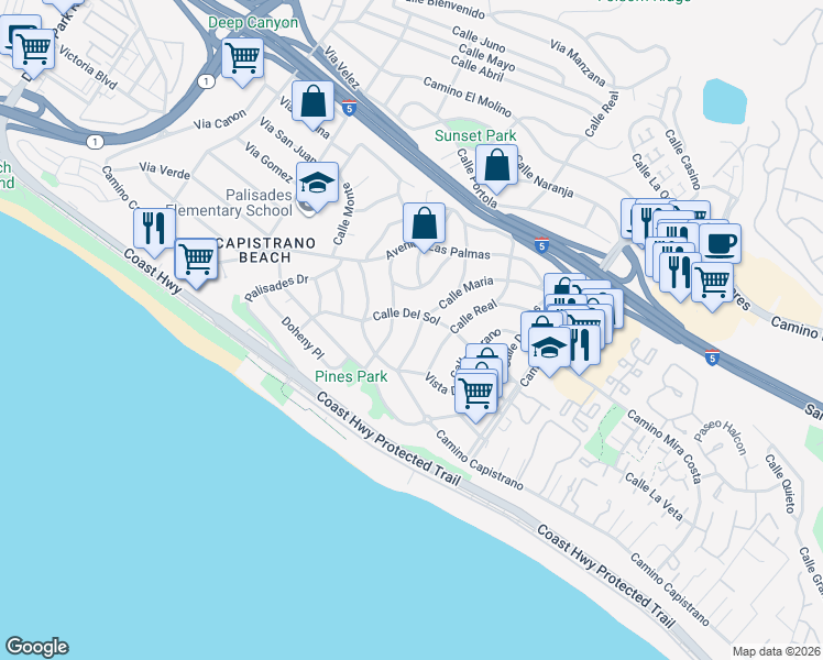 map of restaurants, bars, coffee shops, grocery stores, and more near 26765 Calle Maria in Dana Point
