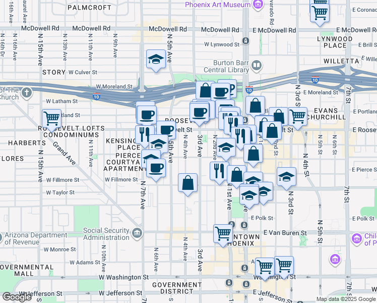 map of restaurants, bars, coffee shops, grocery stores, and more near 805 North 4th Avenue in Phoenix