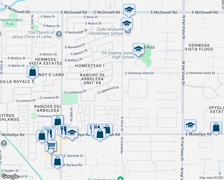 map of restaurants, bars, coffee shops, grocery stores, and more near 3052 East Lakewood Street in Mesa