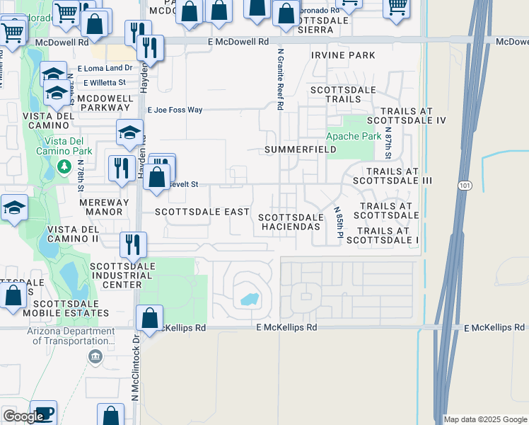 map of restaurants, bars, coffee shops, grocery stores, and more near 220 North 75th Place in Scottsdale