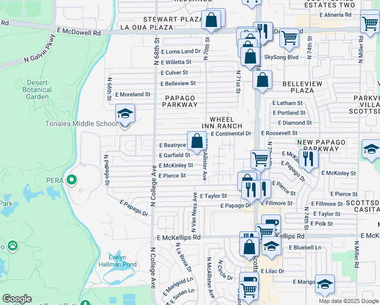 map of restaurants, bars, coffee shops, grocery stores, and more near 439 East Beatryce Street in Tempe