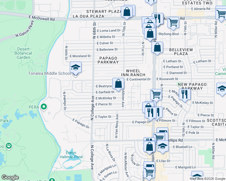 map of restaurants, bars, coffee shops, grocery stores, and more near 439 East Beatryce Street in Tempe