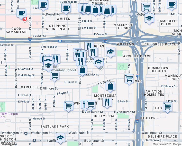 map of restaurants, bars, coffee shops, grocery stores, and more near 1645 East Garfield Street in Phoenix
