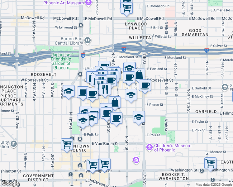 map of restaurants, bars, coffee shops, grocery stores, and more near 821 North 3rd Street in Phoenix