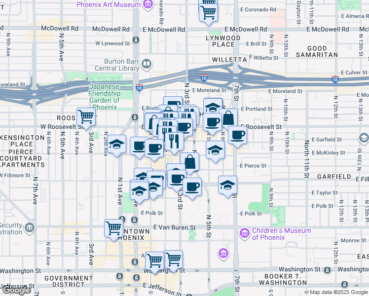 map of restaurants, bars, coffee shops, grocery stores, and more near 821 North 3rd Street in Phoenix