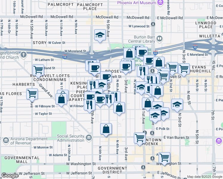 map of restaurants, bars, coffee shops, grocery stores, and more near 821 North 5th Avenue in Phoenix