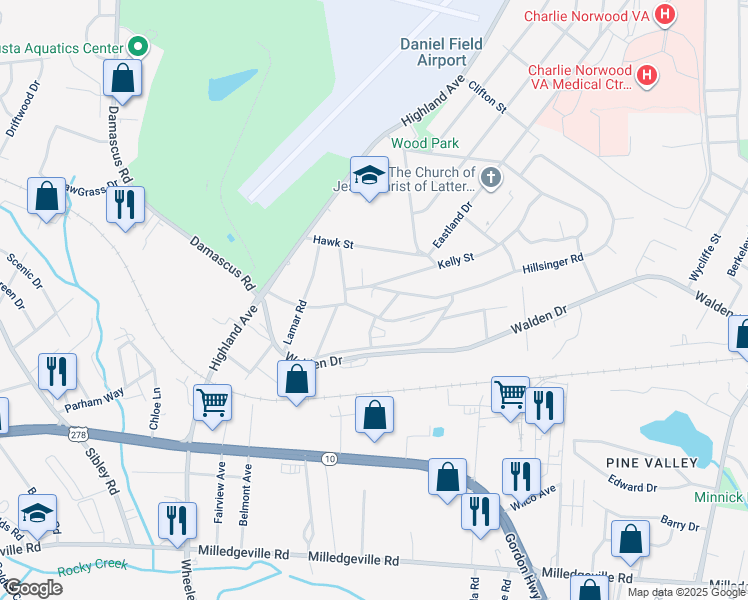 map of restaurants, bars, coffee shops, grocery stores, and more near 98 Hillsinger Road in Augusta