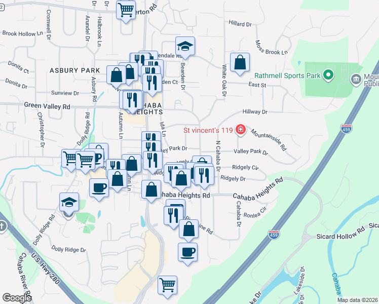 map of restaurants, bars, coffee shops, grocery stores, and more near 3252 Valley Park Drive in Vestavia Hills