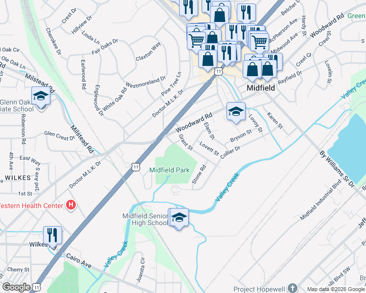 map of restaurants, bars, coffee shops, grocery stores, and more near 400 Breland Drive in Midfield