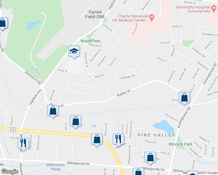 map of restaurants, bars, coffee shops, grocery stores, and more near 2321 Mimosa Drive in Augusta