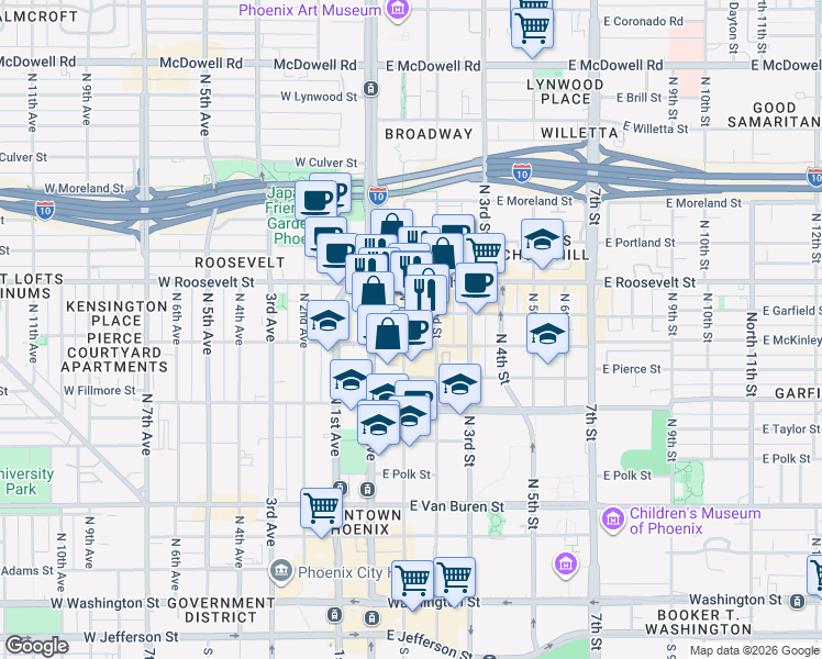 map of restaurants, bars, coffee shops, grocery stores, and more near 825 North 1st Street in Phoenix