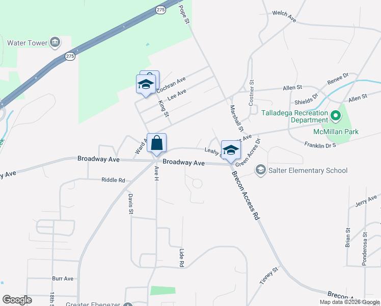 map of restaurants, bars, coffee shops, grocery stores, and more near 607 Leahy Circle in Talladega