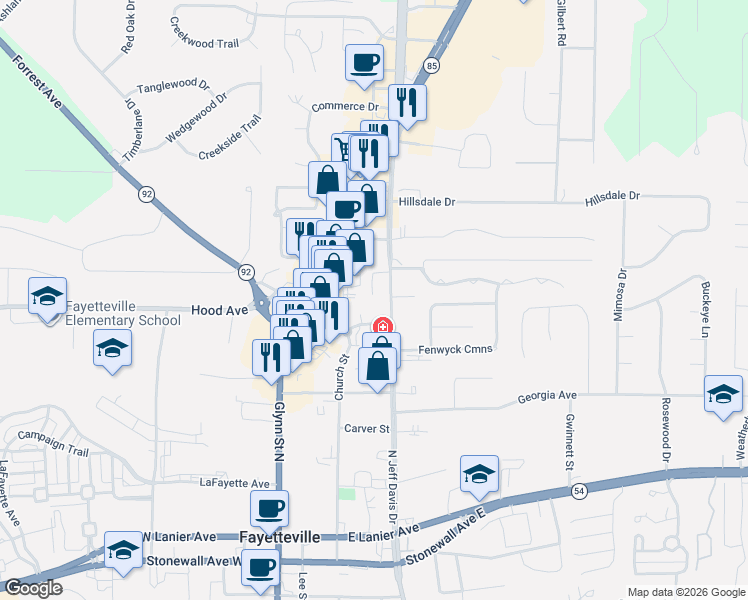 map of restaurants, bars, coffee shops, grocery stores, and more near 38 Intown Place in Fayetteville
