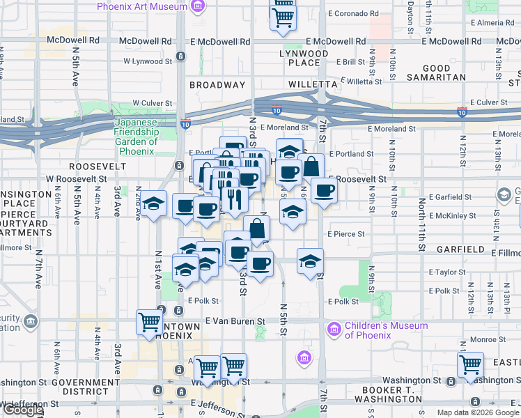 map of restaurants, bars, coffee shops, grocery stores, and more near 888 North 4th Street in Phoenix