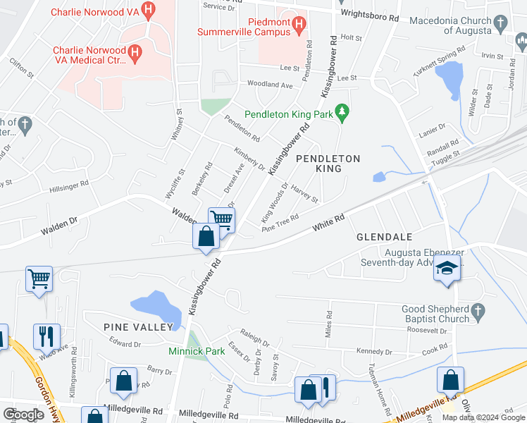 map of restaurants, bars, coffee shops, grocery stores, and more near 1747 King Woods Drive in Augusta