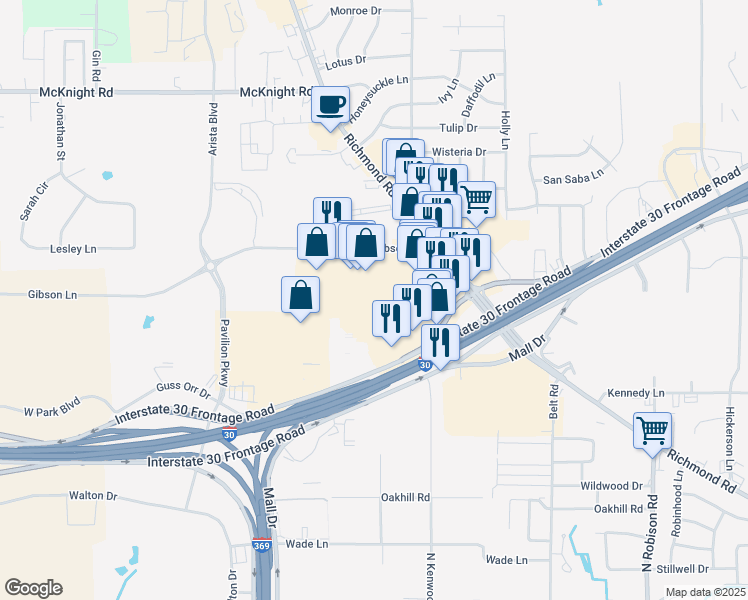 map of restaurants, bars, coffee shops, grocery stores, and more near 220 Richmond Road in Texarkana