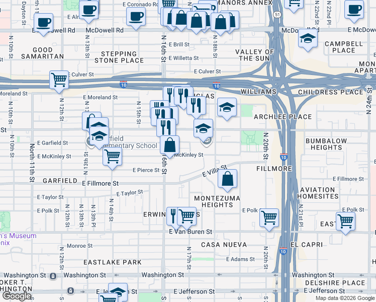 map of restaurants, bars, coffee shops, grocery stores, and more near 1645 East Garfield Street in Phoenix