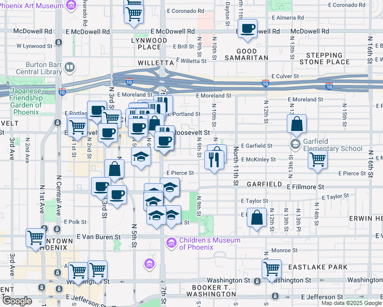 map of restaurants, bars, coffee shops, grocery stores, and more near 901 East Garfield Street in Phoenix