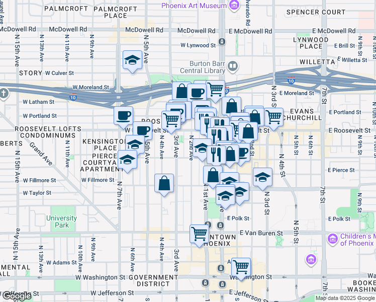 map of restaurants, bars, coffee shops, grocery stores, and more near 816 North 2nd Avenue in Phoenix