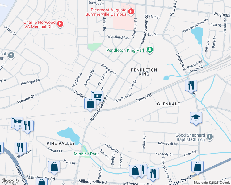 map of restaurants, bars, coffee shops, grocery stores, and more near 1743 King Woods Drive in Augusta