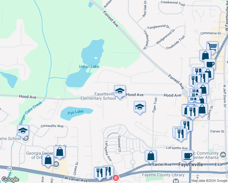 map of restaurants, bars, coffee shops, grocery stores, and more near 525 Hood Avenue in Fayetteville