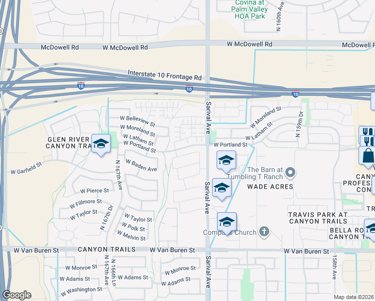 map of restaurants, bars, coffee shops, grocery stores, and more near 16399 West Latham Street in Goodyear