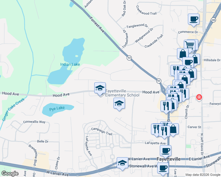 map of restaurants, bars, coffee shops, grocery stores, and more near 475 Georgia Avenue West in Fayetteville