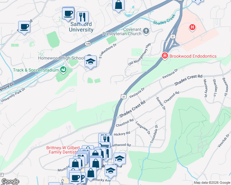 map of restaurants, bars, coffee shops, grocery stores, and more near 144 Montgomery Highway in Vestavia Hills