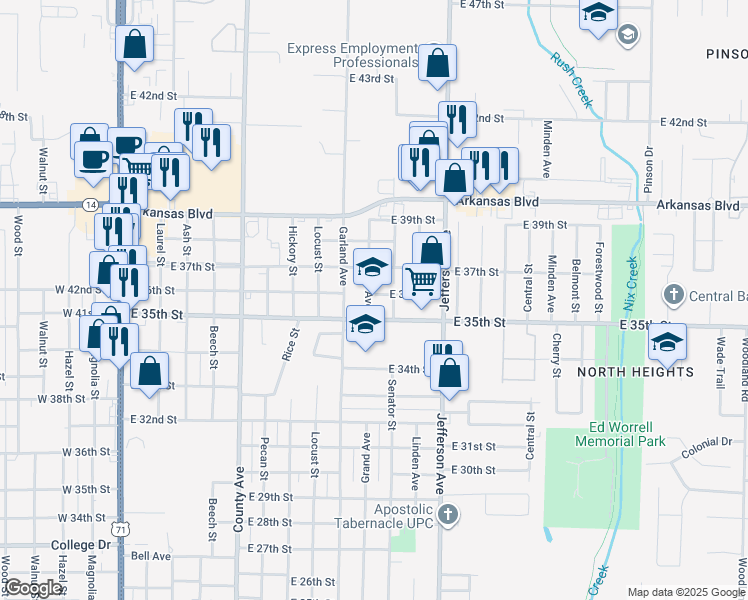 map of restaurants, bars, coffee shops, grocery stores, and more near 3512 Grand Avenue in Texarkana