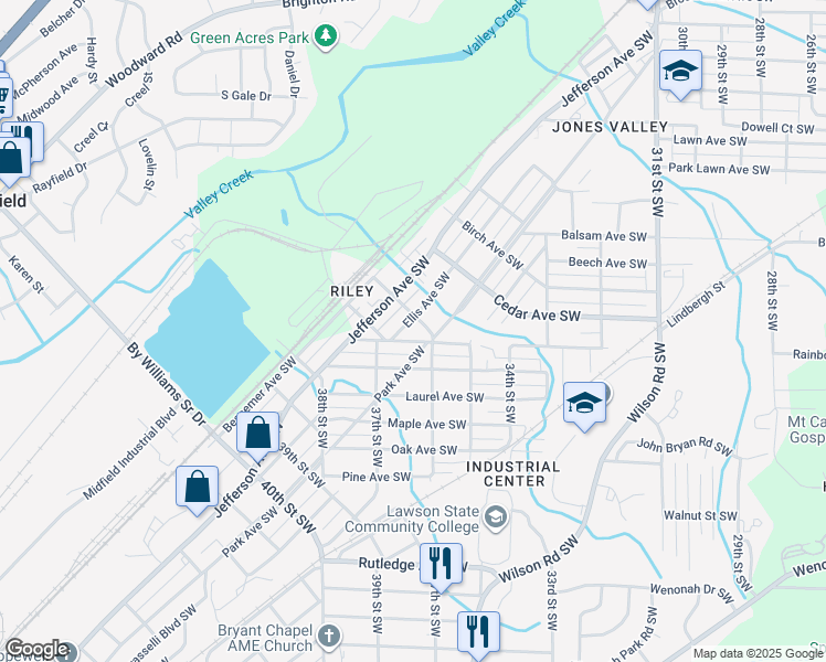map of restaurants, bars, coffee shops, grocery stores, and more near 3549 Ellis Avenue Southwest in Birmingham