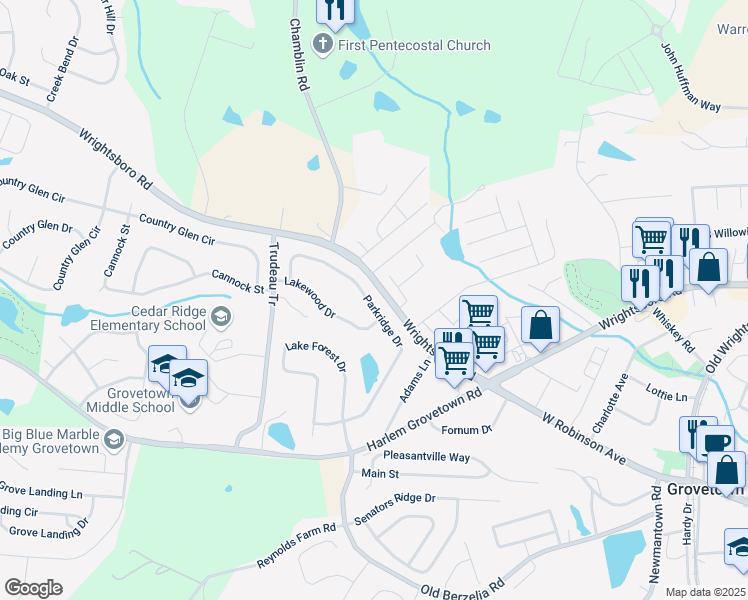 map of restaurants, bars, coffee shops, grocery stores, and more near 3052 Parkridge Drive in Grovetown