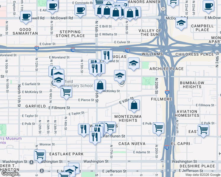 map of restaurants, bars, coffee shops, grocery stores, and more near 1645 East Garfield Street in Phoenix