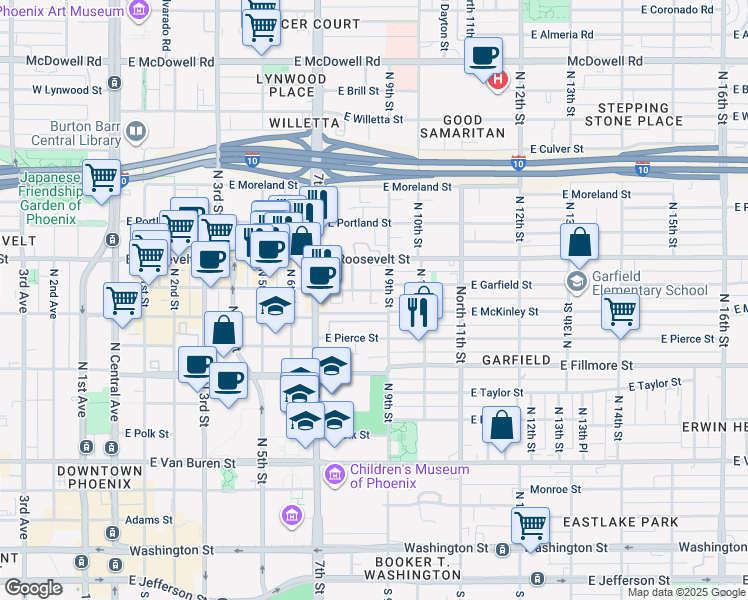 map of restaurants, bars, coffee shops, grocery stores, and more near 829 North 9th Street in Phoenix