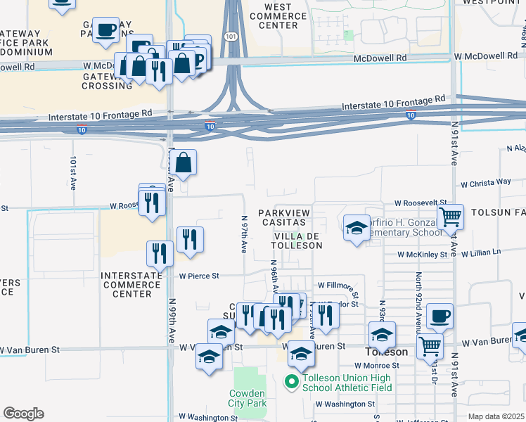 map of restaurants, bars, coffee shops, grocery stores, and more near in Tolleson