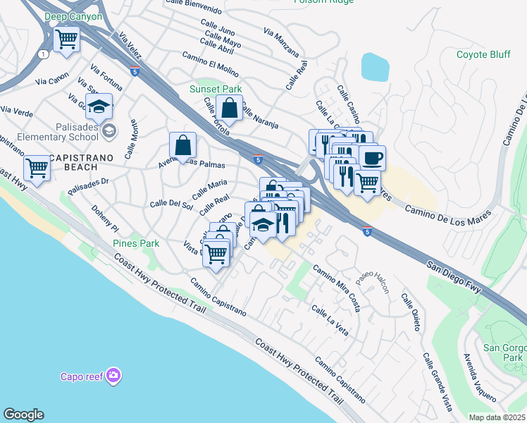map of restaurants, bars, coffee shops, grocery stores, and more near 27032 Calle Dolores in Dana Point