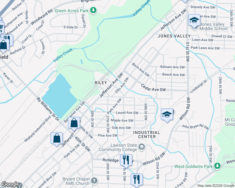 map of restaurants, bars, coffee shops, grocery stores, and more near 3549 Ellis Avenue Southwest in Birmingham