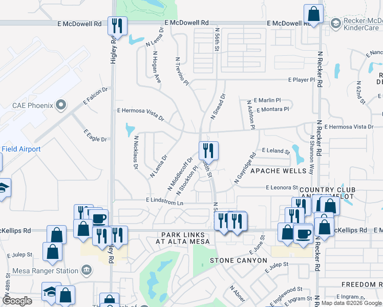 map of restaurants, bars, coffee shops, grocery stores, and more near 2300 North Middlecoff Drive in Mesa