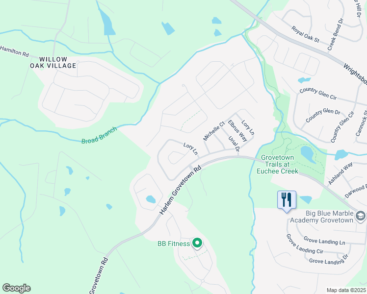 map of restaurants, bars, coffee shops, grocery stores, and more near 465 Lory Lane in Grovetown