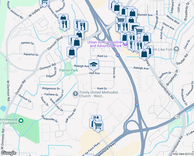 map of restaurants, bars, coffee shops, grocery stores, and more near 213 Hall Avenue in Birmingham