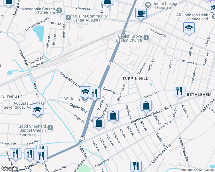 map of restaurants, bars, coffee shops, grocery stores, and more near 1665 Douglas Street in Augusta
