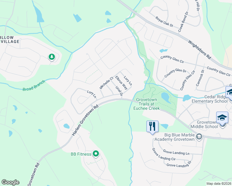 map of restaurants, bars, coffee shops, grocery stores, and more near 404 Urial Drive in Grovetown